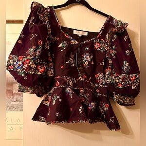 Hunter Bell flowered black top with cinched waist size 6.
